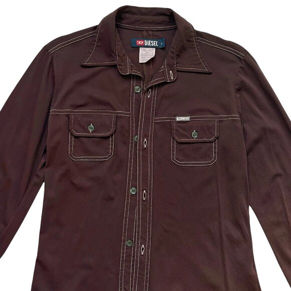 Y2K Vintage Diesel Nylon Western Top Long Sleeve Button Up Brown Pointed Collar. - Picture 7 of 7